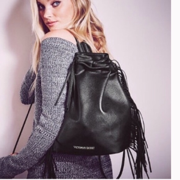 NEW Victoria's Secret fringe black drawstring bag - Picture 4 of 8