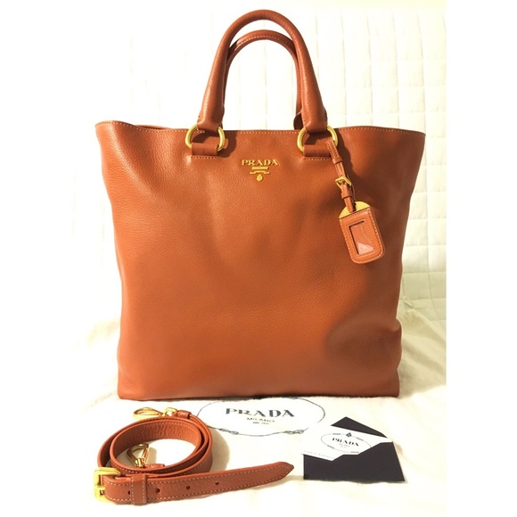 Authentic Prada Leather Tote Bag in Dark Orange