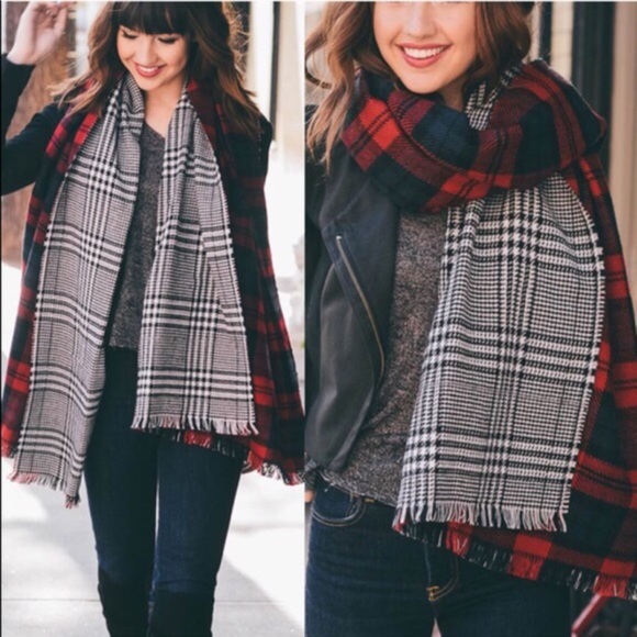 🆕CAROLINA reversible plaid scarf - RED - Picture 3 of 4