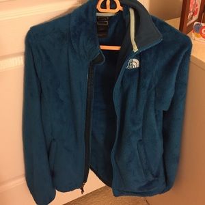 Teal colored north face jacket