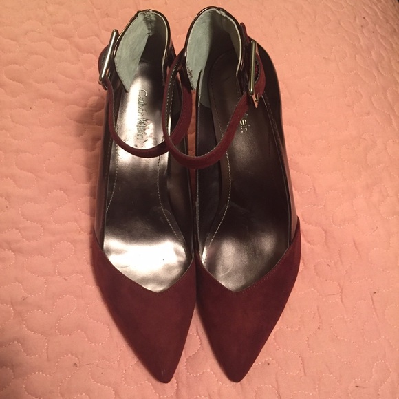 Calvin Klein maroon ankle strap pointed heels