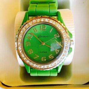 Green Geneva watch embellished with rhinestones