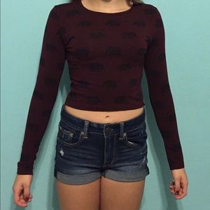 Long Sleeve Maroon Crop Top w/ Black Elephants