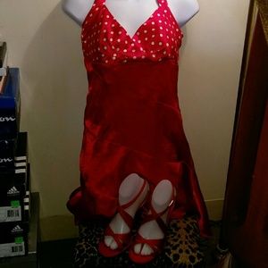 Red satin dress with red satin shoes.