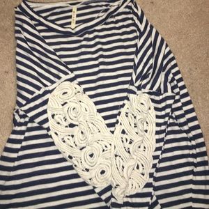 Blue and white striped shirt with lace elbow pads