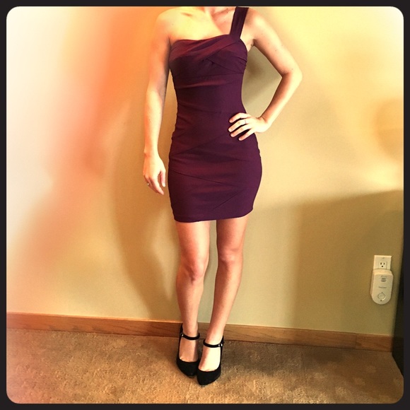 Dark purple, single shoulder fitted mini dress