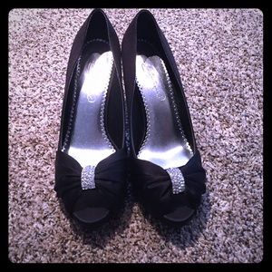 Black satin heels with rhinestone peep toe
