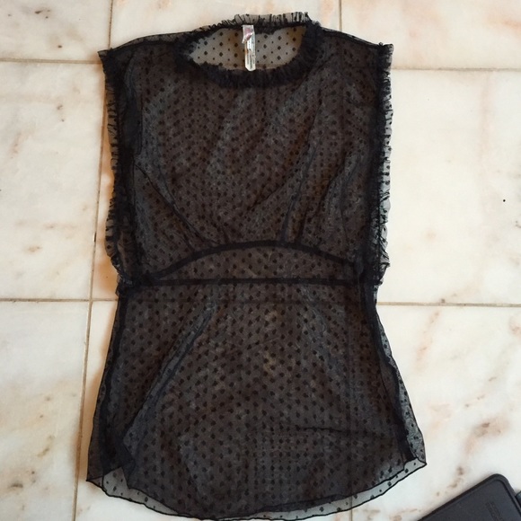 Free People Pokadot See-thru Ruffled High Neck Top