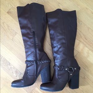 Dark brown, knee high, heeled boot