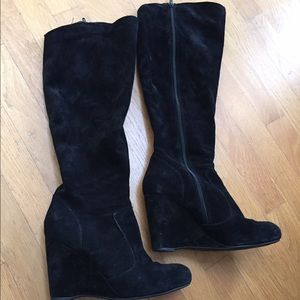 Knee high black suede knee wedged heel boots