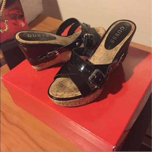 Guess Black Cork Wedges
