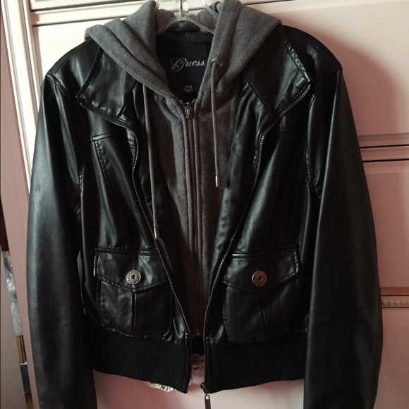 Guess Black Leather Jacket with Sweatshirt Hood