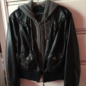 Guess Black Leather Jacket with Sweatshirt Hood