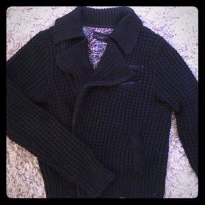 Black waffle knit moto sweater