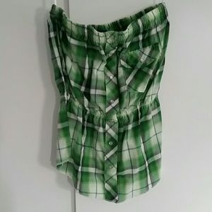 Green Plaid Strapless Top