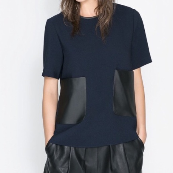 Zara Tops - Zara Blue Faux-Leather Pocket Top