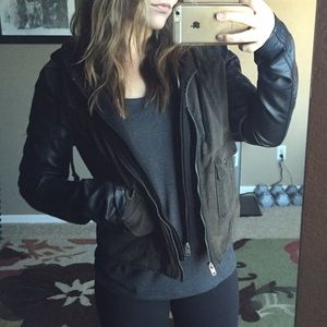 Army jacket with faux leather sleeves