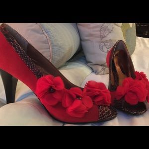 Red suede floral peep toe heels