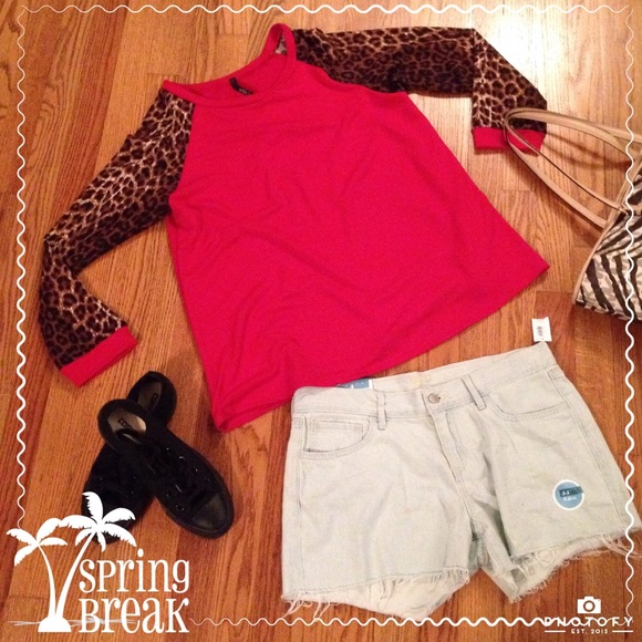 Red top with leopard sleeves