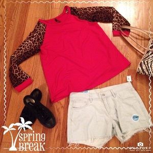 Red top with leopard sleeves