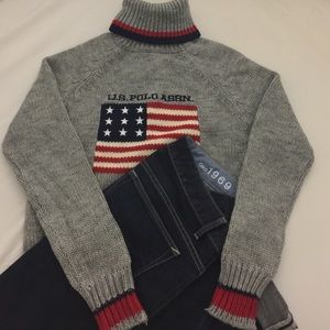 SALE! Polo Grey Turtleneck sweater w American Flag