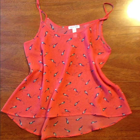Flowy pink sheer blouse w/ an all over bird print