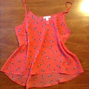 Flowy pink sheer blouse w/ an all over bird print