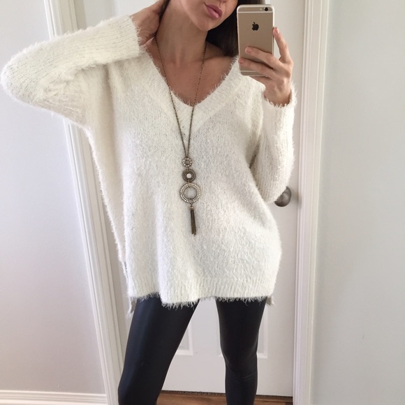 Sold • Cream Fuzzy V-Neck Sweater - Picture 3 of 4