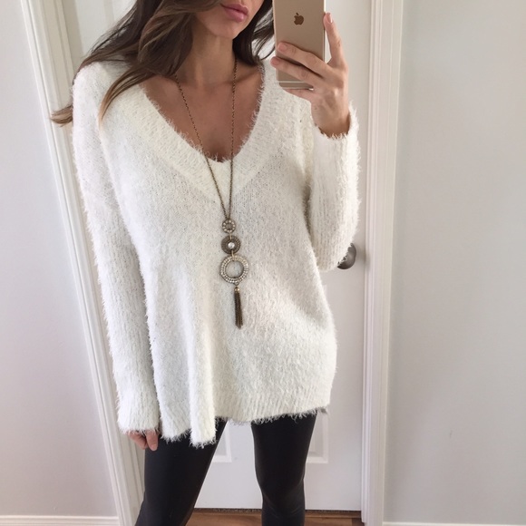 Sold • Cream Fuzzy V-Neck Sweater - Picture 4 of 4