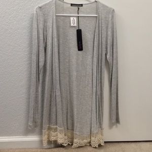 Grey Cardigan w Crochet Trim