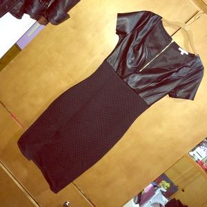 Black leather short sleeve quilted skirt dress