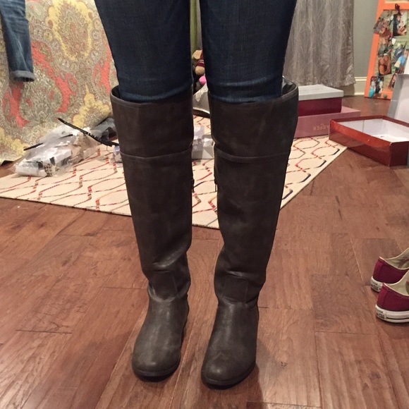 Tall gray over the knee boots