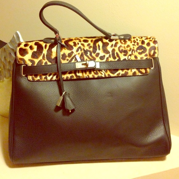 Genuine leather  black & animal printed cavallino - Picture 1 of 4