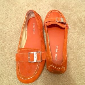 Orange suede loafers
