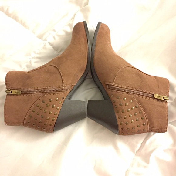 Brown ankle booties with bronze circle studs