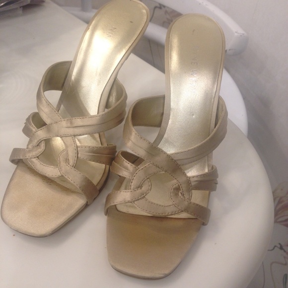 Gold satin open toe hi heeled mules