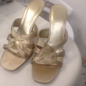 Gold satin open toe hi heeled mules