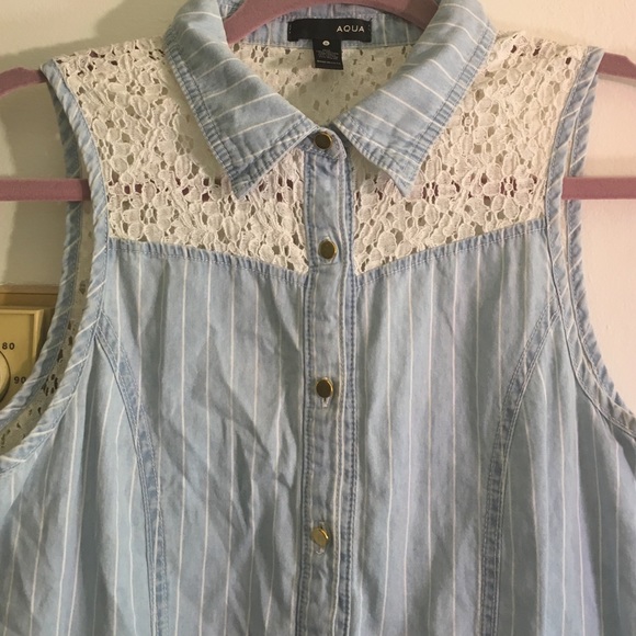 Aqua striped chambray romper with lace back
