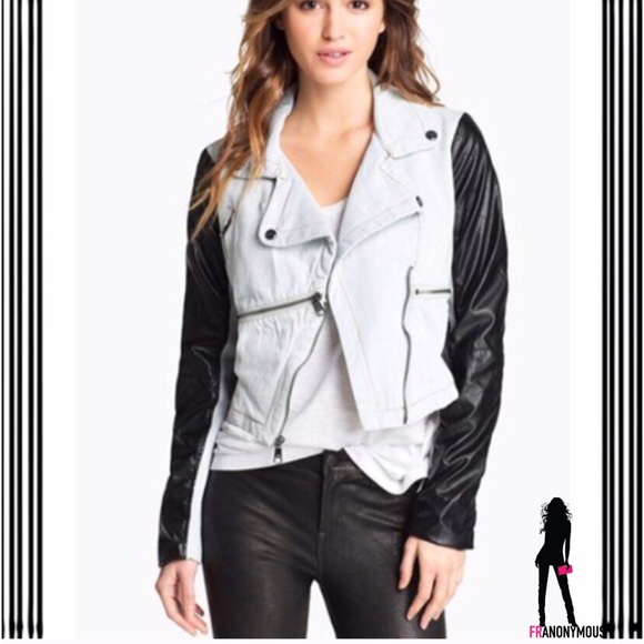 Steve Madden Jackets & Blazers - White Denim Black Leather Moto Jacket M