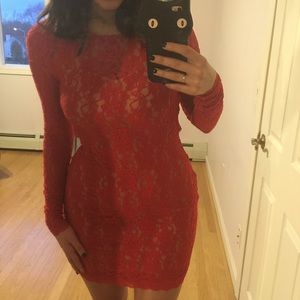 EXPRESS red lace long-sleeved dress
