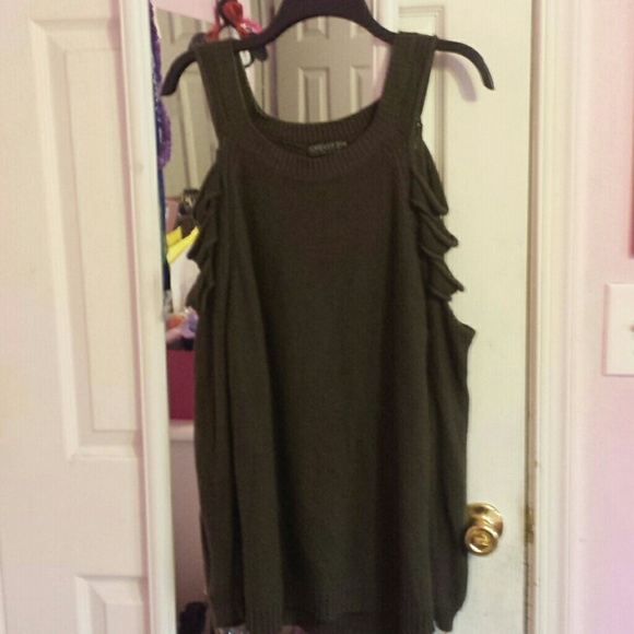 Olive green sweater with cutout shoulders