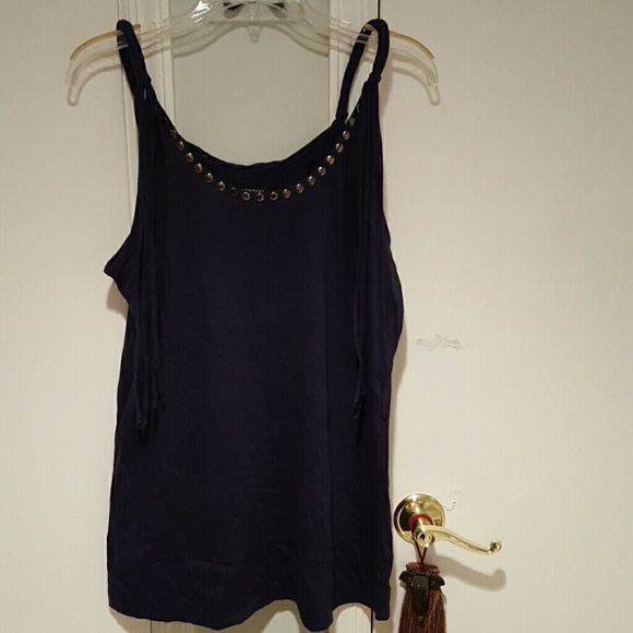Blue tank with metal studded neckling and fringes