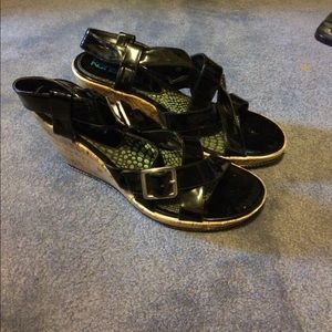 Black patent leather strappy wedge sandals