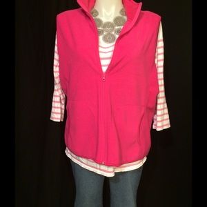 Pink fleece vest and pink stripe shirt