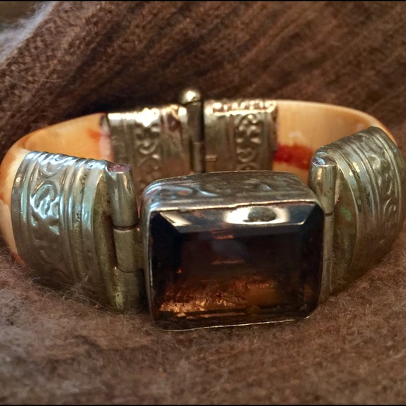 Vintage Jewelry - Vintage Silver Horn and Huge Smoky Topaz Bracelet