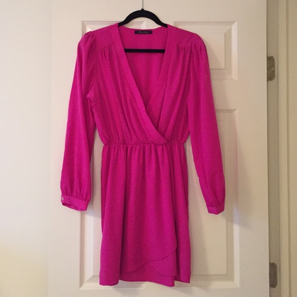 Hot pink long sleeved silk dress.