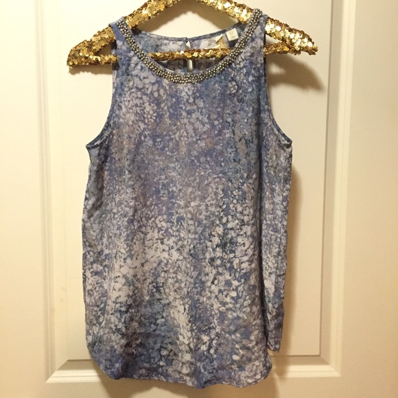 Blue jeweled silk blouse