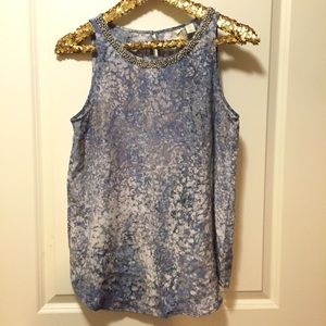 Blue jeweled silk blouse