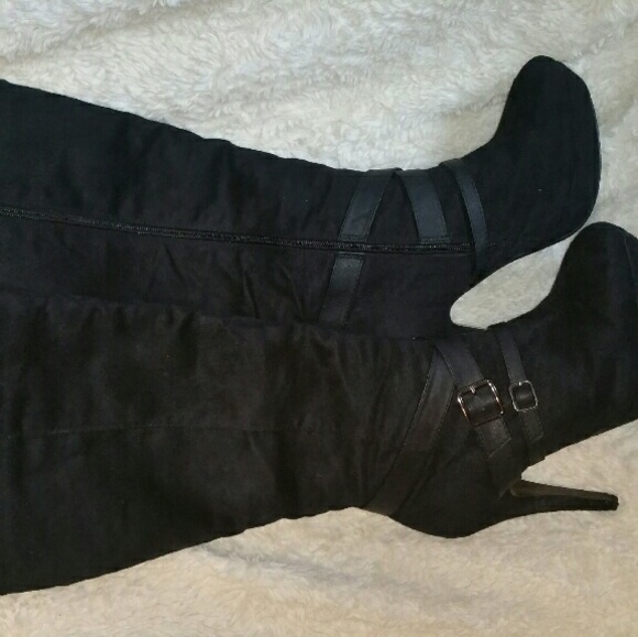 Black mid calf high heel boots