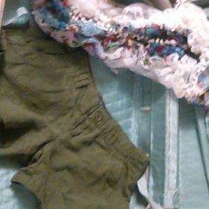 Olive green shorts and blue floral and lace scarf